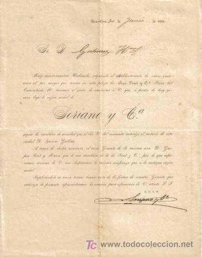 Gesch&auml;ftsbriefe: BARCELONA. 1892. CARTA COMERCIAL DE SORIANO Y CIA.