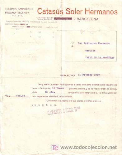 Gesch&auml;ftsbriefe: BARCELONA. 1919. CARTA COMERCIAL DE CATASUS SOLER Y HERMANOS.