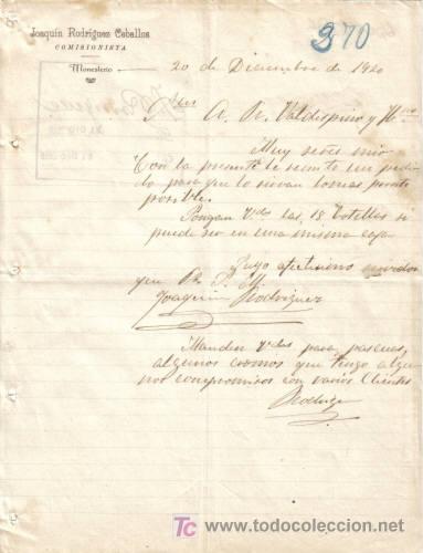 Gesch&auml;ftsbriefe: MONESTERIO ( BADAJOZ). 1920. CARTA COMERCIAL DE COMISIONISTA. JOAQUIN RODRIGUEZ CABALLOS.