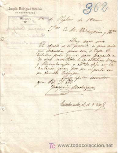 Gesch&auml;ftsbriefe: MONESTERIO ( BADAJOZ). 1920. CARTA COMERCIAL DE COMISIONISTA. JOAQUIN RODRIGUEZ CABALLOS.