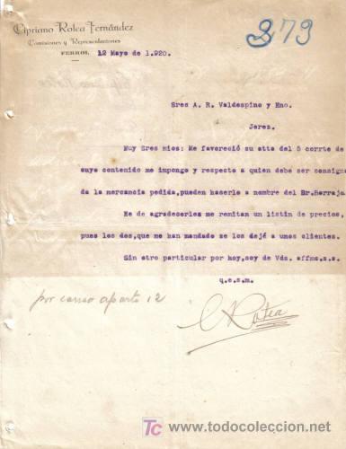 Gesch&auml;ftsbriefe: FERROL. 1920. CARTA COMERCIAL DE COMISIONES Y REPRESENTACIONES. CIPRIANO ROTEA FERNANDEZ.
