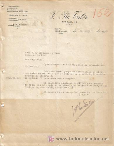 Gesch&auml;ftsbriefe: VALENCIA. 1920. CARTA COMERCIAL DE V. PLA TALON.