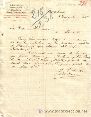 Gesch&auml;ftsbriefe: BARCELONA. 1895. CARTA COMERCIAL DE C. B. JENSEN.
