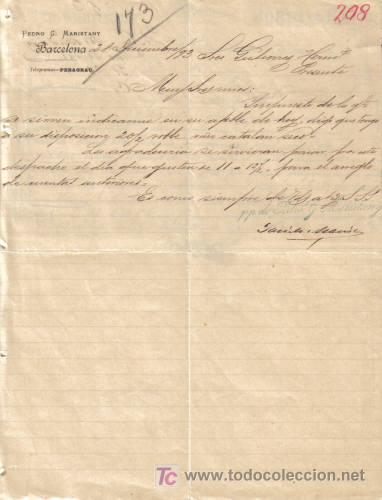 Gesch&auml;ftsbriefe: BARCELONA. 1893. CARTA COMERCIAL DE PEDRO G. MARISTANY.