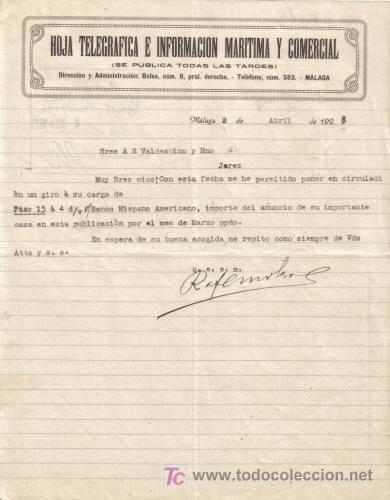 Gesch&auml;ftsbriefe: MALAGA. 1928. CARTA COMERCIAL DE HOJA TELEGRAFICA E INFORMACION MARITIMA Y COMERCIAL..