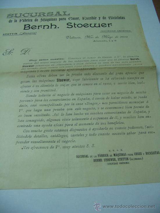 Cartas comerciales: Carta comercial impresa maquinas coser escribir bicicletas Bernh Stoewer(Alemania) Valencia 1903