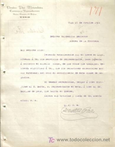 Gesch&auml;ftsbriefe: VIGO. 1920. CARTA COMERCIAL DE COMISIONES Y REPRESENTACIONES. DOSITEO PAZ MORANDEIRA.