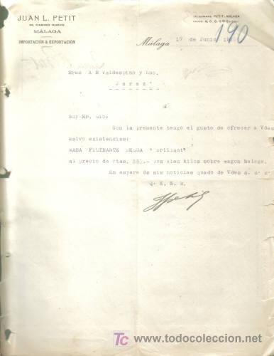 Gesch&auml;ftsbriefe: MALAGA. 1920. CARTA COMERCIAL DE IMPORTACION Y EXPORTACION. JUAN L. PETIT.
