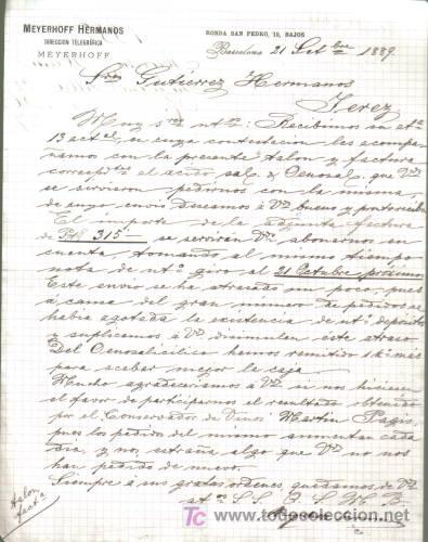 Cartas comerciales: BARCELONA. 1889. CARTA COMERCIAL DE MEYERHOFF HERMANOS.
