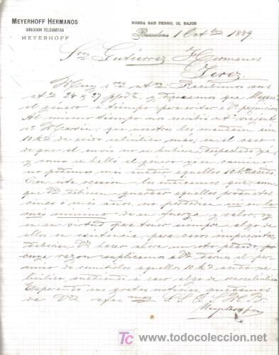 Cartas comerciales: BARCELONA. 1889. CARTA COMERCIAL DE MEYERHOFF HERMANOS.