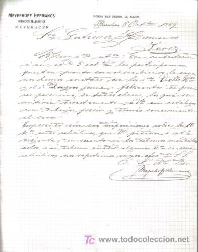 Cartas comerciales: BARCELONA. 1889. CARTA COMERCIAL DE MEYERHOFF HERMANOS.