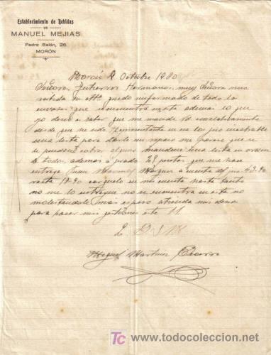 Cartas comerciales: MORON. 1930. CARTA COMERCIAL DE ESTABLECIMIENTOS DE BEBIDAS. MANUEL MEJIAS.