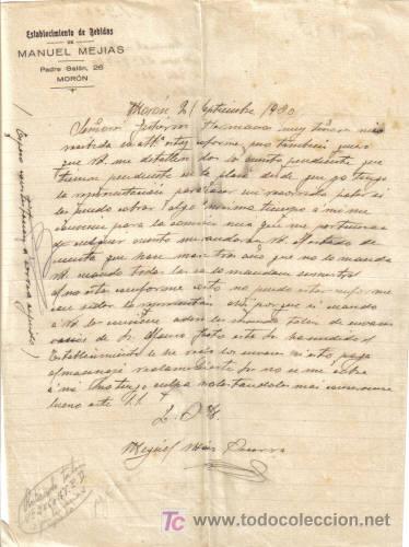 Cartas comerciales: MORON. 1930. CARTA COMERCIAL DE ESTABLECIMIENTOS DE BEBIDAS. MANUEL MEJIAS.