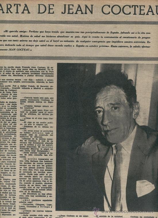 Lettres commerciales: RECORTE DE PRENSA. A&Ntilde;O 1953.CARTA DEL POETA ANARQUISTA JEAN COCTEAU.ANARQUISMO.