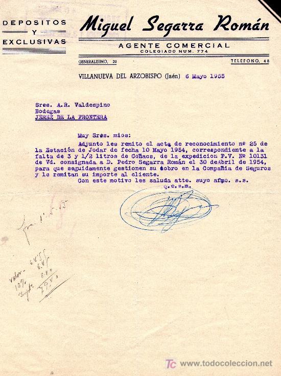 Lettere commerciali: VILLANUEVA DEL ARZOBISPO(JA&Eacute;N), 6 MAYO 1955 CARTA COMERCIAL MIGUEL SEGARRA ROM&Aacute;N