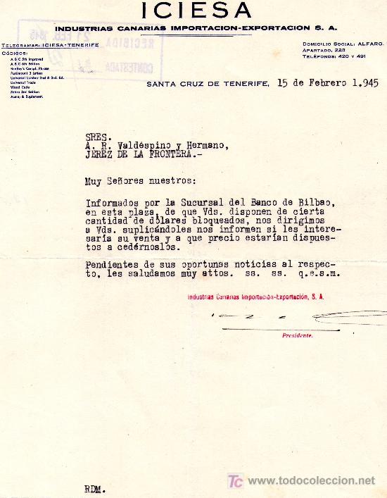 Lettere commerciali: SANTA CRUZ DE TENERIFE, 15 DE FEBRERO 1945. CARTA COMERCIAL ICIESA