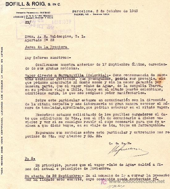 Lettere commerciali: BARCELONA, 2 DE OCTUBRE DE 1945.CARTA COMERCIAL BOFILL & ROIG, S. EN C.