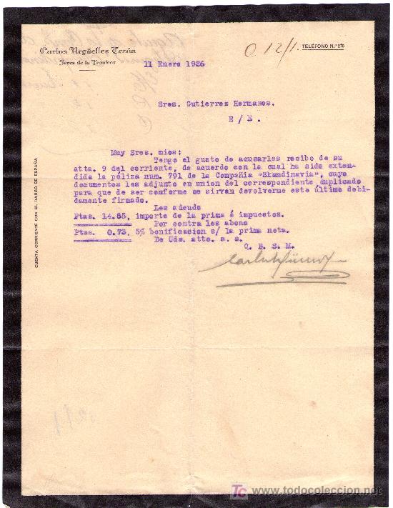 Lettres commerciales: JEREZ DE LA FRONTERA,11 DE ENERO 1926. CARTA COMERCIAL CARLOS ARG&Uuml;ELLES TER&Aacute;N