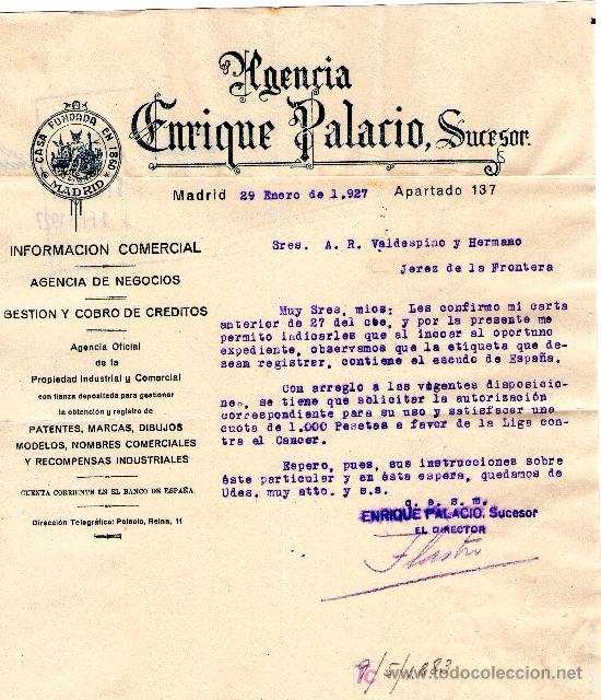 Lettres commerciales: MADRID, 29 DE ENERO  DE 1927. CARTA COMERCIAL AGENCIA ENRIQUE PALACIO,SUCESOR.