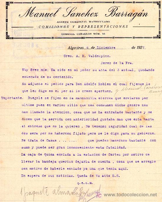 Lettres commerciales: ALGECIRAS, 6 DE DICIEMBRE DE 1927. CARTA COMERCIAL MANUEL SANCHEZ BARRAG&Aacute;N