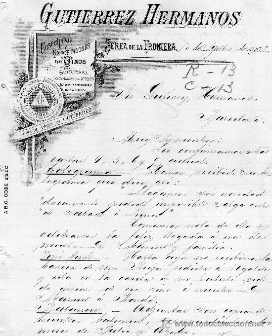 Lettres commerciales: JEREZ DE LA FRONTERA,10 DE SEPTIEMBRE DE 1927. CARTA COMERCIAL GUTIERREZ HERMANOS