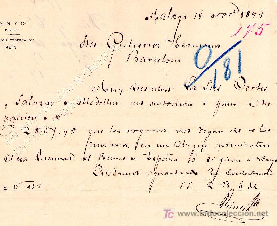 Lettres commerciales: MALAGA, 14 NOVIEMBRE 1899. CARTA  COMERCIAL. REIN Y C&ordf; MALAGA
