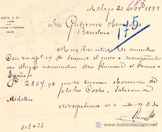 Lettres commerciales: MALAGA, 20 NOVIEMBRE 1899. CARTA COMERCIAL. REIN Y C&ordf; MALAGA