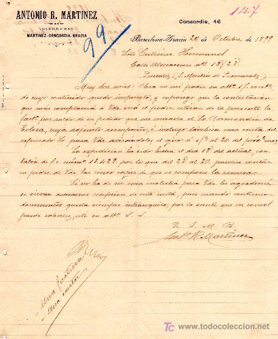 Lettres commerciales: BARCELONA, 20 OTUBRE 1899. CARTA COMERCIAL. ANTONIO R. MARTINEZ