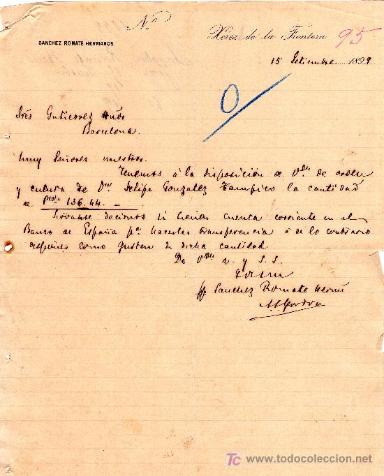 Lettres commerciales: JEREZ DE LA FRONTERA,15 DE SEPTIEMBRE 1899. CARTA COMERCIAL SANCHEZ ROMATE HERMANOS