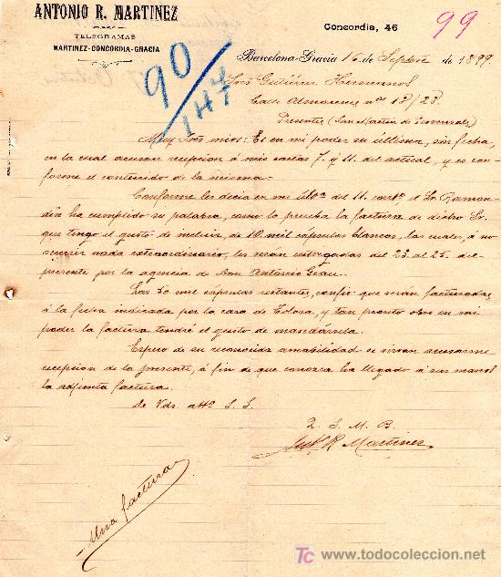 Lettres commerciales: BARCELONA,16 DE SEPTIEMBRE 1899. CARTA COMERCIAL ANTONIO R. MARTINEZ