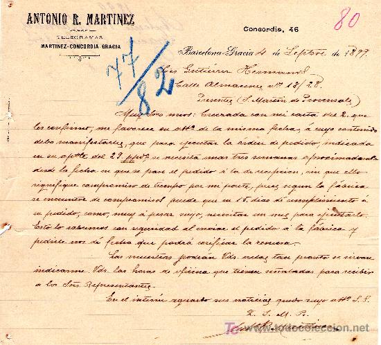 Commercial Letters: BARCELONA,4 DE SEPTIEMBRE 1899. CARTA COMERCIAL ANTONIO R. MARTINEZ