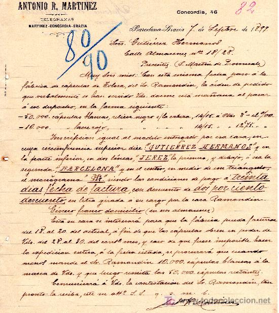 Commercial Letters: BARCELONA,7 DE SEPTIEMBRE 1899. CARTA COMERCIAL ANTONIO R. MARTINEZ