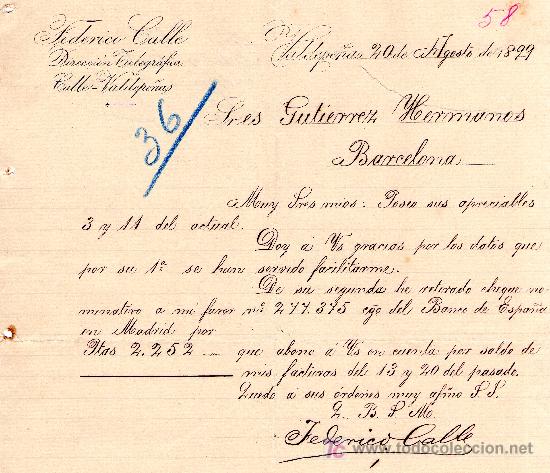 Commercial Letters: VALDEPE&Ntilde;AS,20 DE AGOSTO 1899. CARTA COMERCIAL FEDERICO CALLE