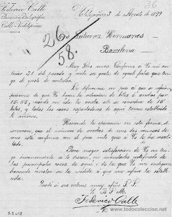 Lettres commerciales: VALDEPE&Ntilde;AS,3 DE AGOSTO 1899. CARTA COMERCIAL.FEDERICO CALLE