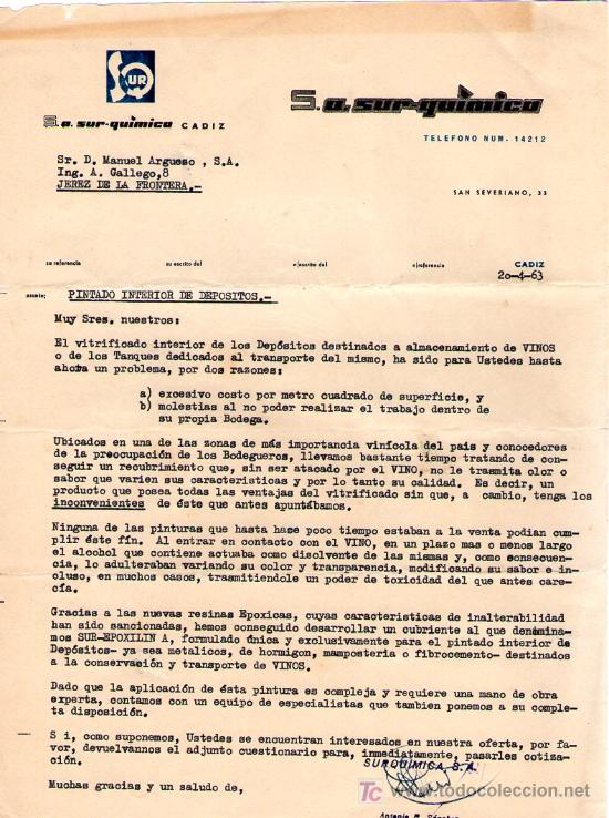 Commercial Letters: JEREZ DE LA FRONTERA ( CADIZ). 1963. CARTA COMERCIAL DE S. A. SUR- QUIMICA.