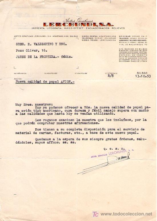 Commercial Letters: JEREZ DE LA FRONTERA ( CADIZ). 1953. CARTA COMERCIAL DE ARTES GRAFICAS, LERCHUNDI, S. A.
