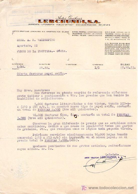 Commercial Letters: JEREZ DE LA FRONTERA ( CADIZ). 1953. CARTA COMERCIAL DE ARTES GRAFICAS, LERCHUNDI, S. A.
