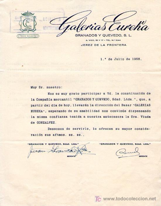 Commercial Letters: JEREZ DE LA FRONTERA ( CADIZ). 1953. CARTA COMERCIAL DE GRANADOS Y QUEVEDO, S. L. GALERIAS EUREKA.