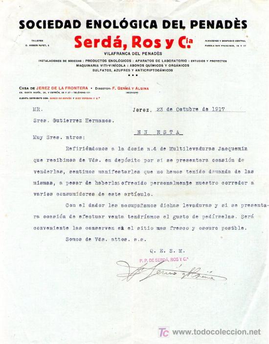 Commercial Letters: JEREZ DE LA FRONTERA ( CADIZ). 1917. CARTA COMERCIAL DE SOCIEDAD ENOLOGICA DEL PENADES. SERDA, ROS.