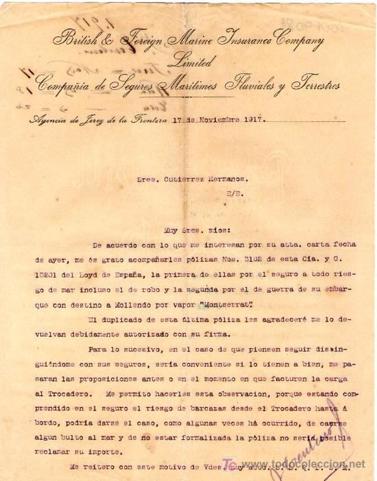 Commercial Letters: JEREZ DE LA FRONTERA ( CADIZ). 1917. CARTA COMERCIAL DE COMPA&Ntilde;IA DE SEGUROS MARITIMOS FLUVIALES Y T.