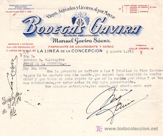 Commercial Letters: LINEA DE LA CONCEPCION ( CADIZ). 1953. CARTA COMERCIAL DE BODEGAS GAVIR. MANUEL GAVIRA SAEZ.