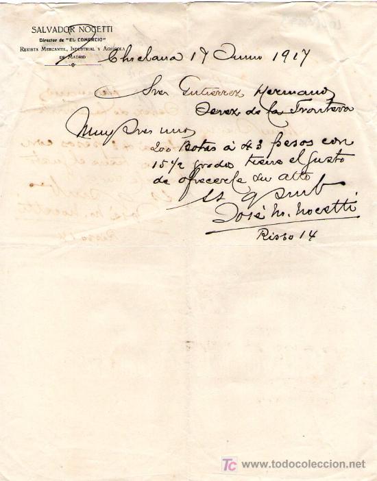 Lettres commerciales: CHICLANA ( CADIZ). 1917. CARTA COMERCIAL DE SALVADOR NOCETTI. DR. DE LA REVISTA MERCANTIL. EL COMERC