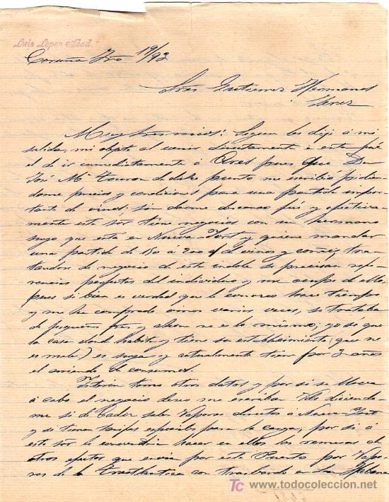Lettres commerciales: CORU&Ntilde;A. 1893. CARTA COMERCIAL DE LUIS LOPEZ ABAD.