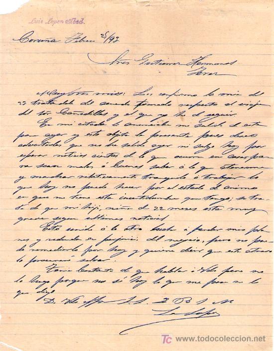 Lettres commerciales: CORU&Ntilde;A. 1893. CARTA COMERCIAL DE LUIS LOPEZ ABAD.