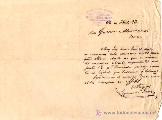 Commercial Letters: MADRID. 1893. CARTA COMERCIAL DE CRONICAS DE VINOS Y CEREALES. PERIODICO AAGRICOLA Y MERCANTIL.