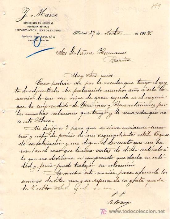 Commercial Letters: MADRID. 1902. CARTA COMERCIAL DE IMPORTACION Y EXPORTACION. J. MARZO.