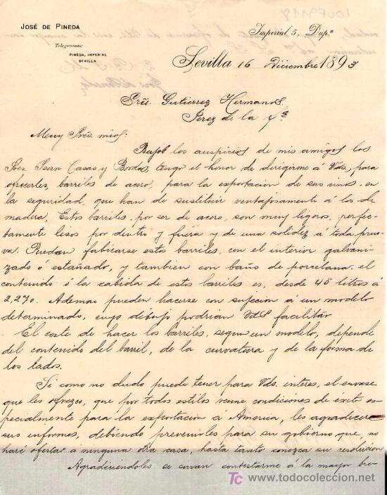 Lettres commerciales: SEVILLA. 1893. CARTA COMERCIAL DE JOSE DE PINEDA.