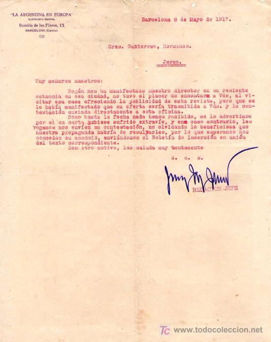 Gesch&auml;ftsbriefe: BARCELONA. 1917. CARTA COMERCIAL DE LA ARGENTINA EN EUROPA. ILUSTRACION MUNDIAL.