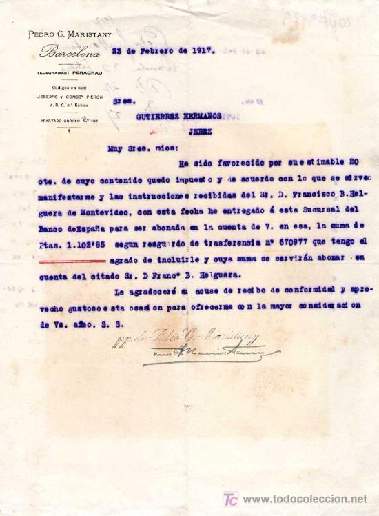 Cartas comerciais: BARCELONA. 1917. CARTA COMERCIAL DE PEDRO G. MARISTANY.