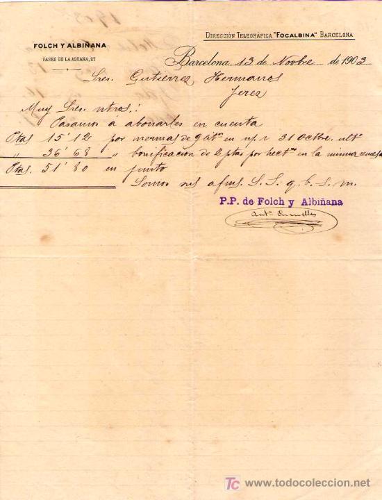 Cartas comerciais: BARCELONA. 1903. CARTA COMERCIAL DE FOLCH Y ALBI&Ntilde;ANA.